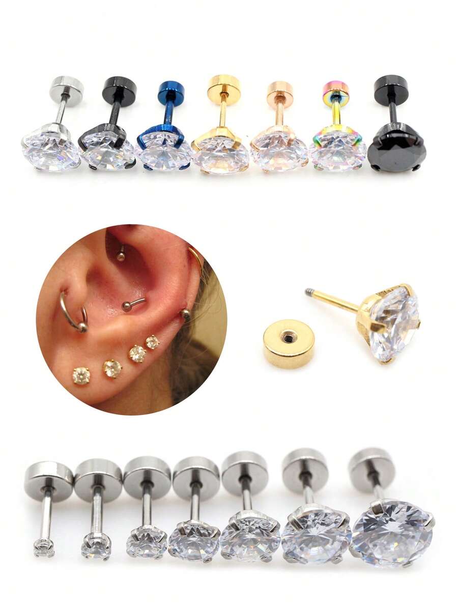 2件/組 不鏽鋼中性 2-10mm 圓形水晶鋯石耳釘,4爪耳骨穿刺飾品,時尚禮物 - Stud Earrings - 查看 1