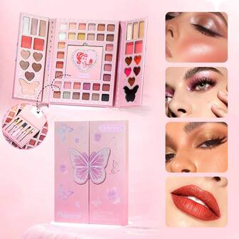 Libro interactivo de tocador con mariposa, se despliega en una estación de maquillaje completa con espejo, pinceles, paleta de ojos y mejillas, color de labios, kit de belleza portátil todo en uno para viajes