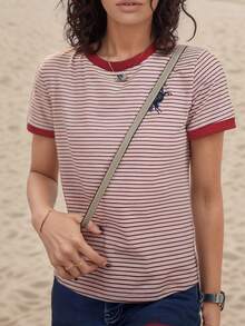 Embroidered Striped Casual Loose Flattering Women's Top T-Shirt Summer - Hot Pink - View 7