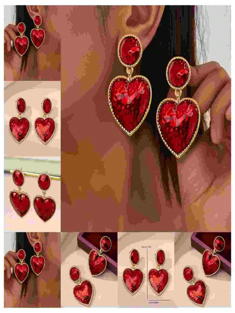 1 Pair Women's Fashion Dangle Earrings, Sweet & Heart Pendant Earrings, Classic Red Heart Decor, Suitable For Valentine's Day, Dates, Gifts And Daily Wear - Golden Yellow + Red - View 1