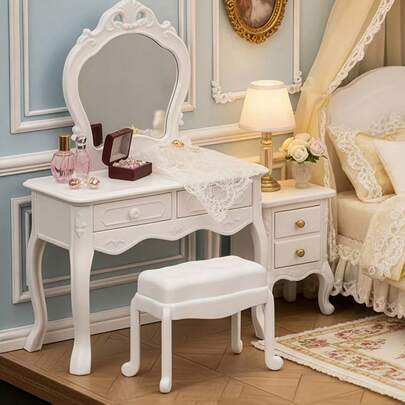 Juego de tocador de casa de muñecas: Accesorios de escena de dormitorio en miniatura, tocador, mesita de noche, tocador