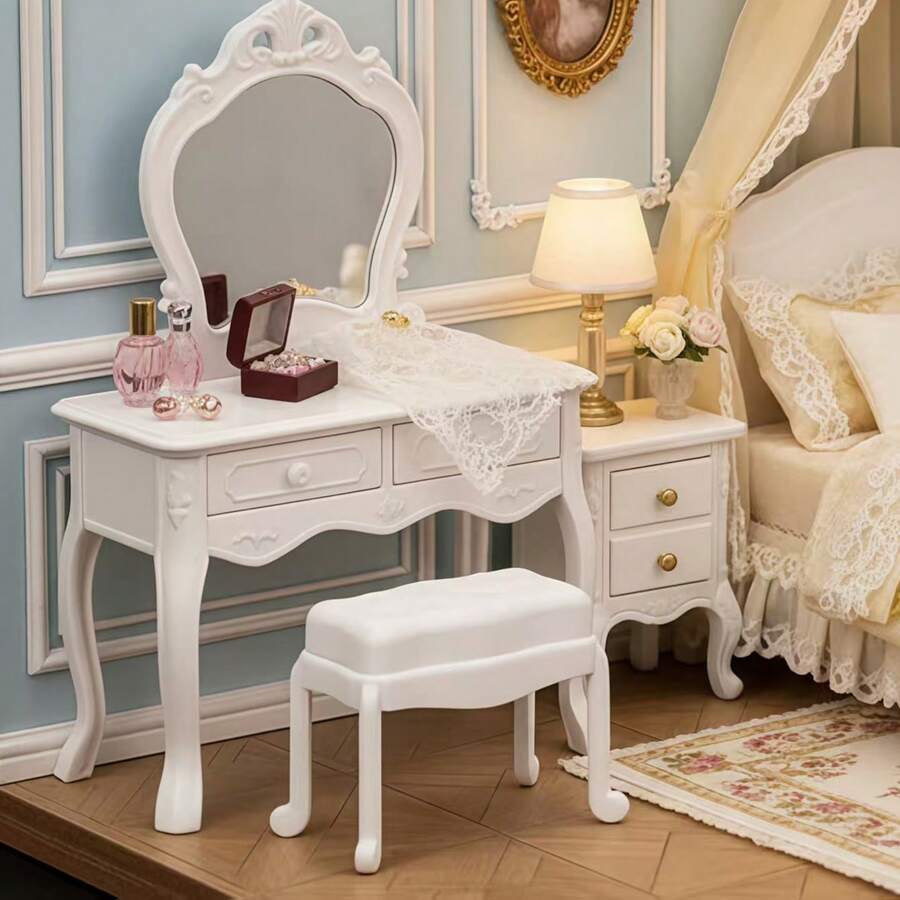 Bộ bàn trang điểm nhà búp bê: Phụ kiện nội thất phòng ngủ thu nhỏ, bàn trang điểm, tủ đầu giường, bàn thay đồ - Nhiều màu - Xem 1