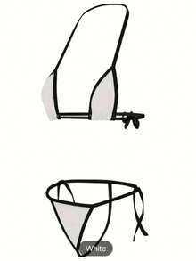Christmas Gift Color-Block Trim Lingerie Set, Micro Triangle Camisole Tie Bikini Bra And Thong, Women's Underwear, Christmas Essential Item - 白色 - 查看 4
