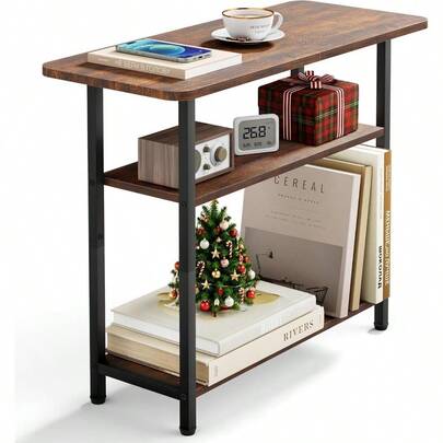 Side Table For Living Room 3-Tier End Table For Small Space With Wide Storage Tabletop Rustic Brown Narrow Nightstand For Bedroom Sofa Couch