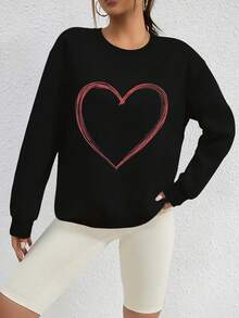 Women's Hand-Painted Heart-Shaped Outline Sweater-Green With Red Heart-Shaped And Black Line Art, Comfortable Crew Neck Pullover, Casual Winter Warm, Machine Washable Autumn And Winter Bandage Dress Sweater, Loose Geometric Pattern Design, Bright Green, Hand-Painted Heart-Shaped Pattern, Suitable For Casual Dress-Up Fashionable Women's Dressing - Red - View 1