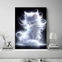 2D Flat 1pc Ethereal White Cat Canvas Wall Art - Fantasy Style, High-Quality Print With Glowing Effect, Perfect For Living Room, Bedroom, Kitchen, Office, Or Cafe Decor, Cat Decor - Xám - Xem 3