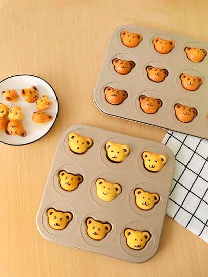 1 pieza Molde para hornear de oso de dibujos animados Madeline antiadherente, color dorado, con 4/6/9/12 cavidades, accesorios para bebidas japoneses, suministros de cocina, molde de hornear de oso 3D, molde para hornear, molde para hornear mantequilla mochi de oso/panda, apto para horno doméstico, fácil desmoldado, fácil limpieza, un asistente útil para hornear pasteles