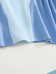 Girls' Light Blue Top With Contrasting Dark Blue Panels, Lace Trim Accent, Ruffle Hem Design, Smooth Flowing Fabric, Fresh And Sweet Style, Gentle And Playful, Suitable For Spring/Summer Wear - Blue - View 7