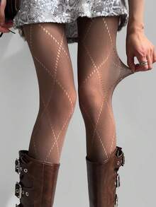 1pc Spring/Autumn Grey System Milky White/Coffee/Black Diamond Lattice Pantyhose, Autumn Outer Wear Leggings, JK Hollow Diamond Design System Versatile High Elasticity, Anti-Snag Pantyhose, White Stockings Sexy Minimalist Sexy Slimming Fishnet Tights - Multicolor - View 2