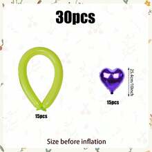 30个心形气球花束套装，红色和绿色乳胶DIY长气球，适用于生日派对、求婚装饰、周年纪念装饰、浪漫氛围装饰。