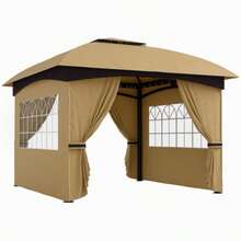 Outsunny Gazebo, Approximately 3.4 X 3.4 M, Water-Repellent Garden Pavilion With 4 Side Panels, Roof, Party Tent With UV Protection, Galvanized Metal Frame, Beige - Camel - View 9