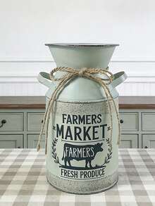 Distressed Green Iron Dual-Handled Decorative Milk Can Bottle Printed With "FARMERS MARKET" And Cow Graphic, Vintage Worn Texture With Jute Rope Tie, Suitable For Rustic Floral Vases, Storage, Home And Retail Displays To Create A Natural, Earthy Ambiance. - Four Seasons Double-eared Teapot 7 - View 10
