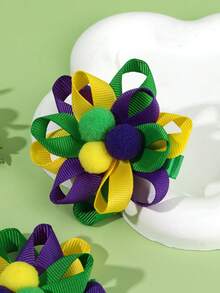2个装狂欢节主题丝带花朵发夹，适合女孩佩戴 - 绿色/紫色/黄色，中心带绒球，色彩鲜艳的节日发饰，适合日常生活、度假和节日佩戴。 - 彩色 - 查看 3