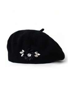 Boina feminina de lã com flor de strass, cor sólida, modelo casual e versátil (1 unidade). - Multicolorido - Ver 27