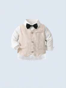 BOARNSEORL 3pcs Baby Boys Gentleman Outfit Set - White Long Sleeve Shirt With Bow Tie, Plaid Vest, And Pants, Fashionable & Cute, Suitable For Birthday Party, Family Gathering, Evening Event - Apricot - View 5