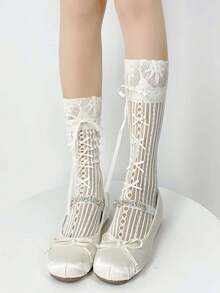 1双洛丽塔风格甜美蝴蝶结印花蕾丝中筒袜，彩色丝带系带腿套，春夏蕾丝针织小腿袜，优雅蝴蝶结细节洛丽塔袜，适合时尚日常穿着 - 彩色 - 查看 2