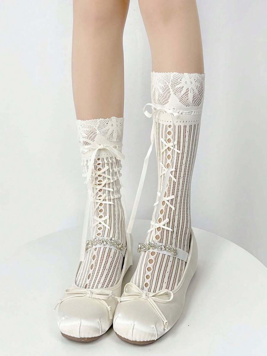 1双洛丽塔风格甜美蝴蝶结印花蕾丝中筒袜，彩色丝带系带腿套，春夏蕾丝针织小腿袜，优雅蝴蝶结细节洛丽塔袜，适合时尚日常穿着