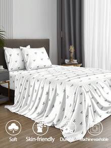 4件套黑白线条蝴蝶结图案床单套装，易护理超细纤维柔软床上用品套装，花卉图案床笠套装（1张床单+1张床笠+2个枕套），床笠套装，适用于特大号、大号、标准双人床、单人床尺寸，床笠深口袋设计，枕套最大可达11.8英寸，柔软透气，不易起皱，提升睡眠质量，奢华酒店风格，送给父母、朋友的礼物 - 黑與白 - 查看 3