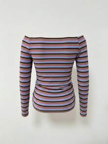 New Autumn Off-Shoulder Striped Numeric Print Long Sleeve T-Shirt, Versatile Top For Women - Pink - View 8
