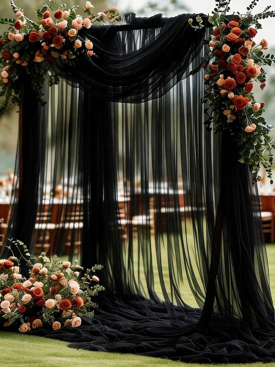 Elegant 26.2-Foot Black Wedding Arched Curtains - Classic Polyester Transparent Mesh, Suitable For Ceremonies, Receptions And Stage Decorations. Perfect For Events And Party Supplies On Christmas, Halloween, Engagement And Other Occasions. - Black - View 1