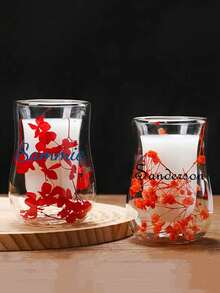 1pc Customized Logo Dried Flower Double-Layer Glass Cup, Oval Design Home Coffee Mug, Creative Souvenir Gift Cup, Handmade - Multicolor - View 3