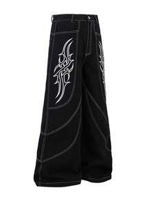 [Outfit de moda]Jeans bordados de gaojie para hombres nuevos y relajados deconstrucción de parejas delgadas y casuales pantalones de piernas anchas - Negro [Bordado] - Ver 7