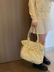 1pc Fashionable Casual Reversible Nylon Drawstring Transparent Badge Decor Large Capacity Shoulder Bag, Suitable For Daily, Commuting, Party, Holiday Gift For Women - Multicolor - View 4