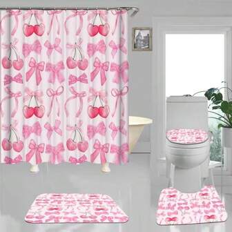 1pc Cute Girl Themed Butterfly Festival Cherry Shower Curtain, Cherry Bow Printed Shower Curtain, Very Suitable For Bathroom Decoration, Universal Room Decoration, Home Decoration Set, Bathroom Accessories Bathtub Curtain