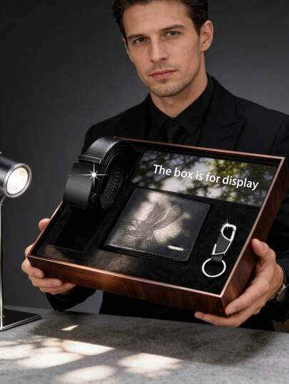 男士商务腰带+钱包+钥匙扣三件套，男士成熟商务腰带，男士高端钱包带RFID屏蔽功能，大容量卡槽，方便存放现金，商务办公通勤，纪念日、生日、圣诞节、情人节、父亲节、感恩节礼物（不含礼盒，仅供展示）