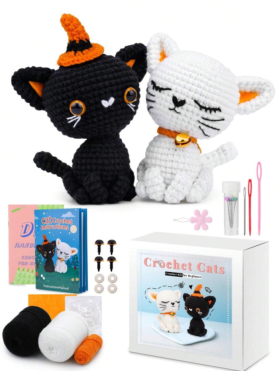 Crochet Kit For Beginners, Crochet Animal Kit, 2PCS Cat Starters Crochet Kits Knitting Kit With Yarn, Crochet Hooks, Video Tutorials, Easy Crocheting For Adults Craft(Random Accessory Color) - Black and White - View 1