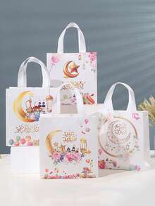 Conjunto de 8/16 sacolas de presente Eid Mubarak, em poliéster com alças, versáteis e com estampa festiva, ideais para o Ramadã, casamentos, aniversários e muito mais. - Branco - Ver 2