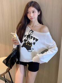女士白色极简撞色黑色可爱卡通猫印花百搭纯色不对称领口不对称肩部浪漫休闲居家街头校园Y2K时尚T恤 春季 - 白色 - 查看 3
