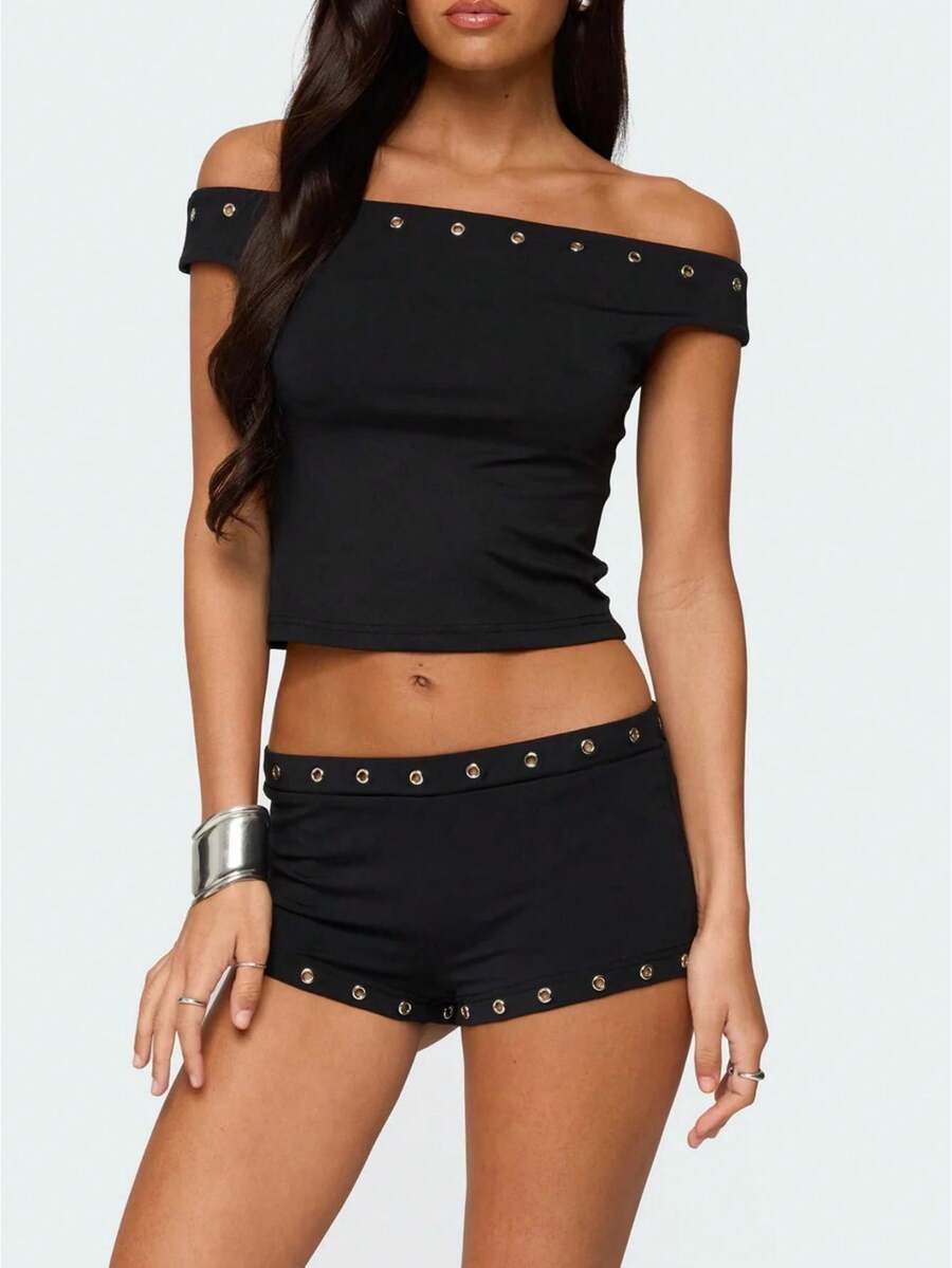 Women's Two Piece Outfit Off The Shoulder Crop Tops And Low Waist Shorts Set Sportswear Streetwear - 黑色 - 查看 1