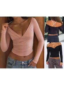Womens Off Shoulder Wrap Tops Long Sleeve Solid Color Slim Fitted T-Shirt Ruched Crop Tops - Pink - View 6