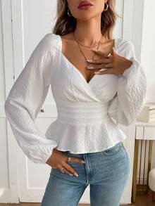 Textured Ruffle Trim, Lantern Sleeve, Crossover Deep V-Neck, Cropped Fitted Waist Design, Cotton Jacquard Fabric, Pure White Blouse, French Romantic Goddess Style, Suitable For Dates, Outings, Afternoon Tea, Spring/Summer - White - View 2