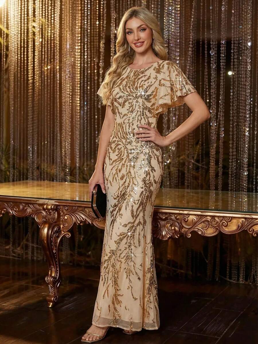 EVERPRETTY Đầm dạ hội nữ thanh lịch và quyến rũ, xẻ tà cao, xếp ly, đính sequin vàng, thích hợp cho các buổi dạ tiệc, tiệc tùng, sự kiện trang trọng, các dịp bán trang trọng, đám cưới, tiệc mùa xuân.