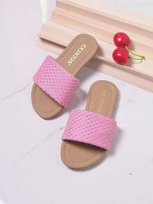 1 Pair Pink Rhinestone Plaid Children Summer Slippers, Flat Bottom Fashionable One-Strap Sweet Shiny Outdoor Sandals - Pink - View 16