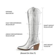 Knee High Boots Women, Pull On Zipper Chunky Heel Pointed Toe Embroidered Western Cowgirl Cowboy Boots Christmas Fall - 銀色 - 查看 4
