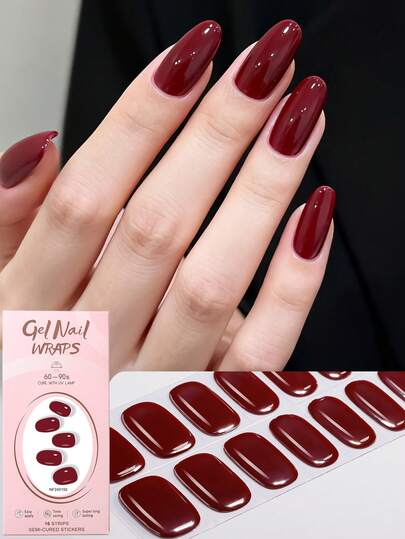 16pcs Fashionable & Elegant Wine Red Gel Nail Stickers, Self-Adhesive Full Nail Wraps, Requires UV Lamp, Easy To Apply And Remove, Suitable For Women & Girls Daily, Party, Date DIY Nail Art Supplies Nails
