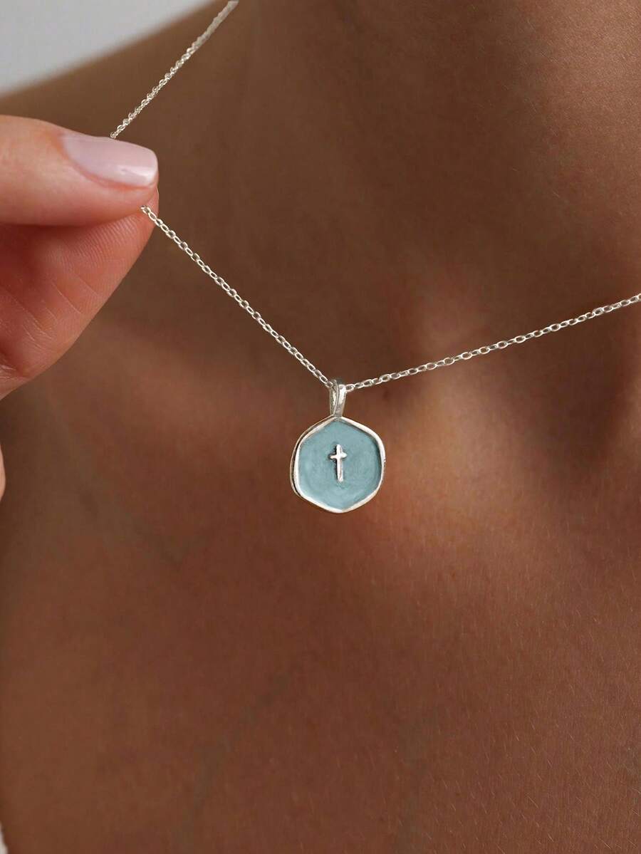 Women's Petite Cross Necklace, Delicate Silver Cross Pendant Necklace, Cute Small Cross Choker, Minimalist Cross Charm Necklace, Simplistic Religious Jewelry, Lovely Gift, Christian Gift, Suitable For Women And Teens, Wearable Year-Round, Also Suitable For Christmas - Silver Blue Base With Oil-dropped Cross - View 1