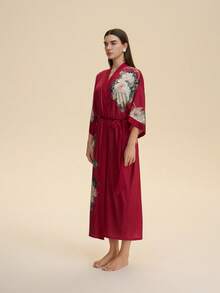 中国风复古宽松中长改良款汉服时尚印花和服罩衫长袍休闲家居服系腰浴袍睡衣薄外套夏季沙滩泳衣罩衫防晒外套 - 紅色 - 查看 6