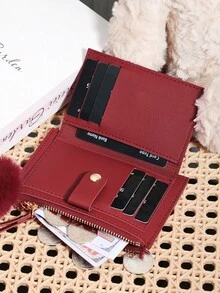 With A Pom-Pom Charm,Wine Red Letter Detail Fold Over Small Wallet Pocket Wallet Small Purse Bifold Slim Women Wallet Lightweight Portable Credit Card Key Case Short Wallet Cute Modern Fashion For Birthday Gift Christmas Anniversary Women Girls Lady,Business,For Anniversary,For Christmas,On Valentine Day,For Birthday Gift,For Gift,For Lover For Women,For Girls,For Lady,For Female,Bag School Supplies For School Dorm Room & Back To School - Burgundy - View 8