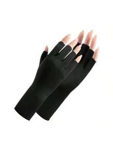 Black Short UV Protection Fingerless Gel Nail Manicure Gloves - Black - View 5