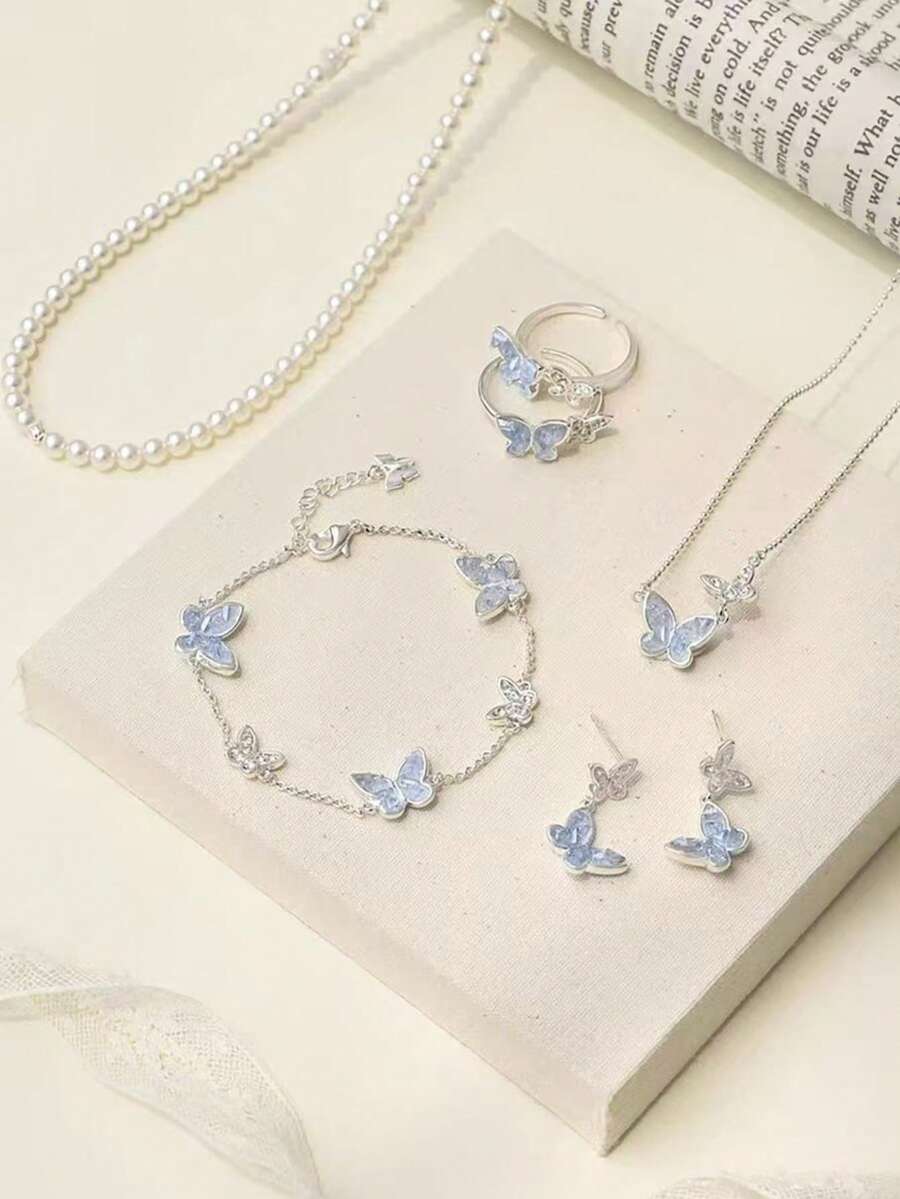 New Summer Light Luxury Niche High-End Temperament Exquisite Blue Crystal Butterfly Rhinestone Necklace Jewelry For Girls - Baby Blue - View 1