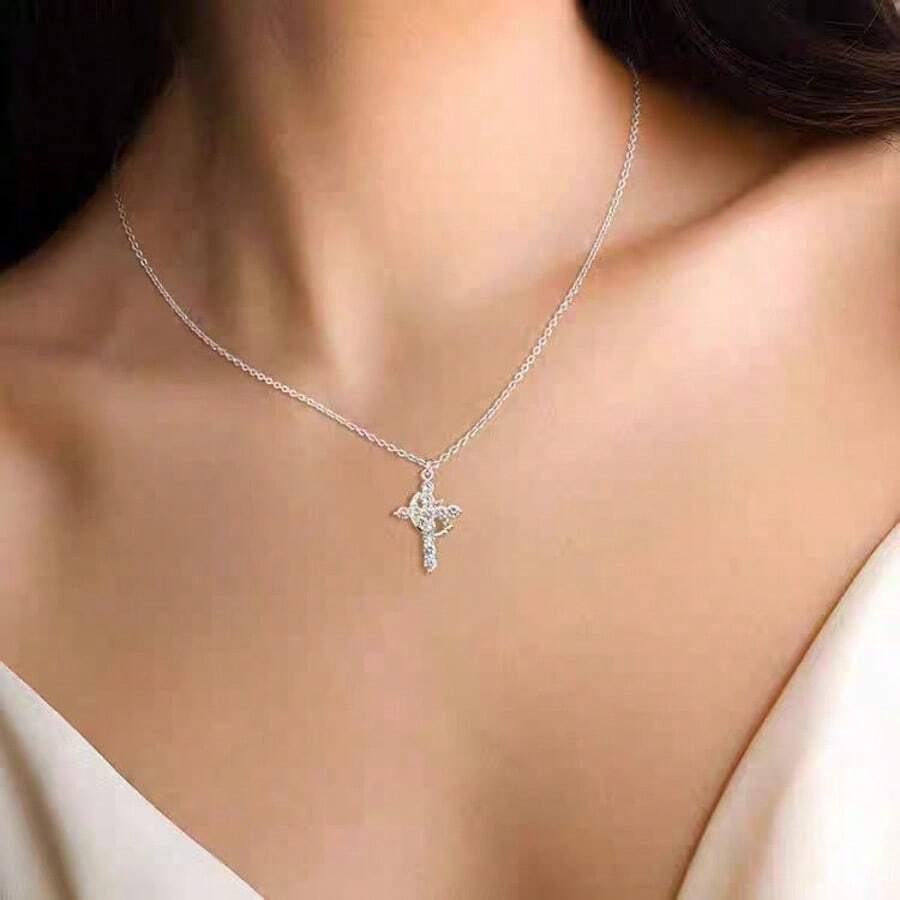 1件全镶钻锆石皇冠十字架项链，美式时尚颈链，独特设计，百搭 - 銀色 - 查看 1