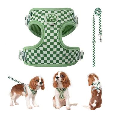 Spring New Plaid Pattern Dog Harness And Leash Set, Made Of Soft Breathable Mesh Fabric, Featuring Round Ring On Back For Stability, Anti-Friction Design, Adjustable Size, Suitable For Small Dogs - Fashionable And Comfortable, Ideal For Daily Walking And Training. Matching Leash Has Waste Bag Holder.