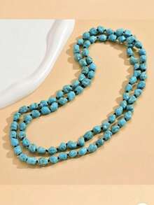1pc Handmade Knotted Turquoise Bohemian Style Minimalist Layered Vintage Necklace, Versatile - Turquoise - View 3