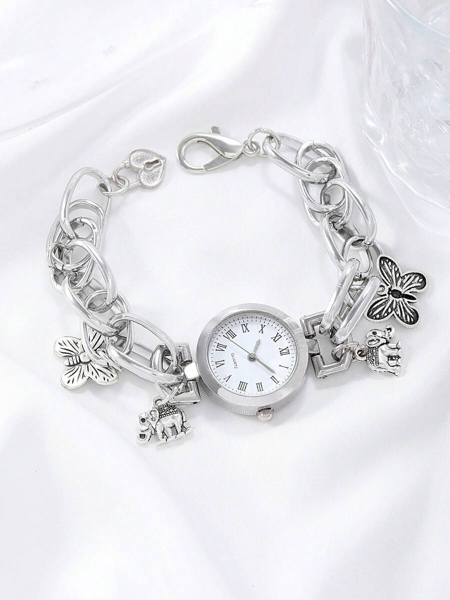 Vintage Style Women's Key Chain Bracelet Watch Lock Strap Diamond Key Bracelet, Bohemian Quartz Watch Gift - Silver - View 1