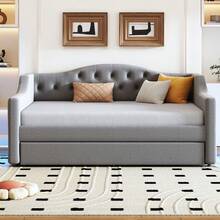 Merax Full XL Size Modern Upholstered Platform Bed With Trundle Bed, Linen Daybed With Wood Slat Support, Storage Bed Frame With Headboard/Gray - Kích thước XL đầy đủ-Xám - Xem 3