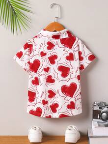 1件情人节爱心印花翻领短袖衬衫，轻薄透气，男童休闲衬衫 - 紅白色 - 查看 3